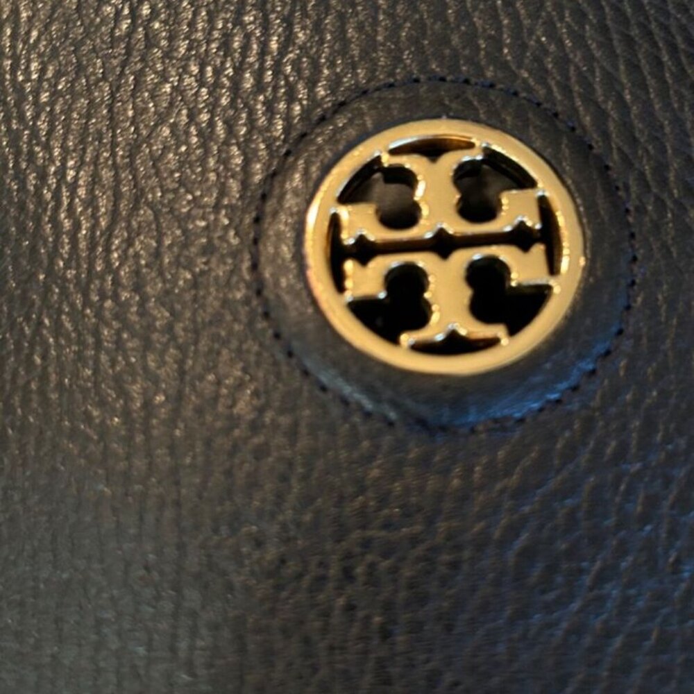 Tory Burch Black Leather Tall Riding Boots with Gold Logo - Picture 5 of 14